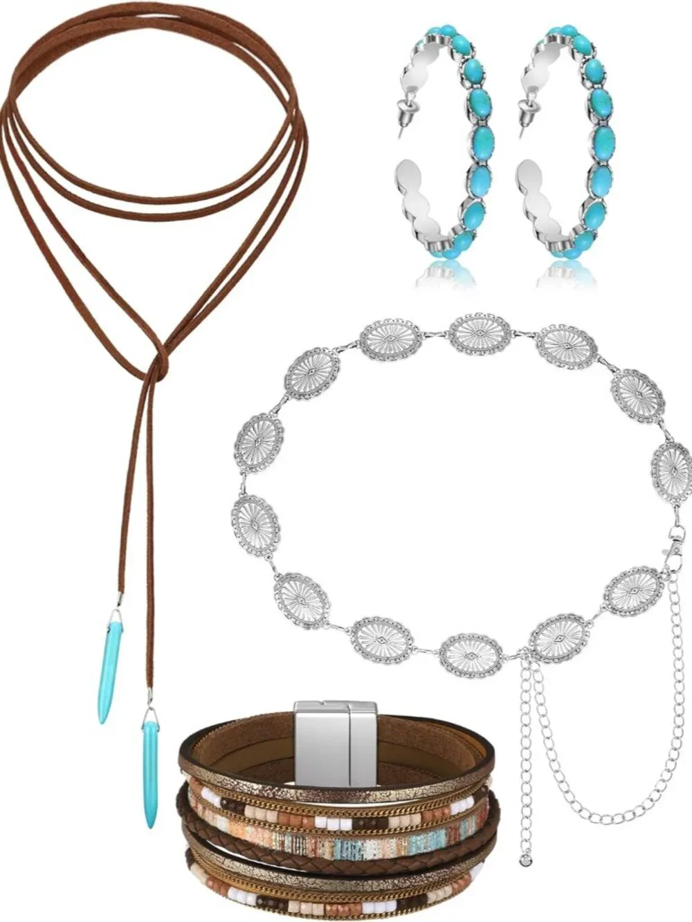 4 Pcs Bohemian Jewelry Turquoise Set for Women Western Turquoise Set Waist Belt